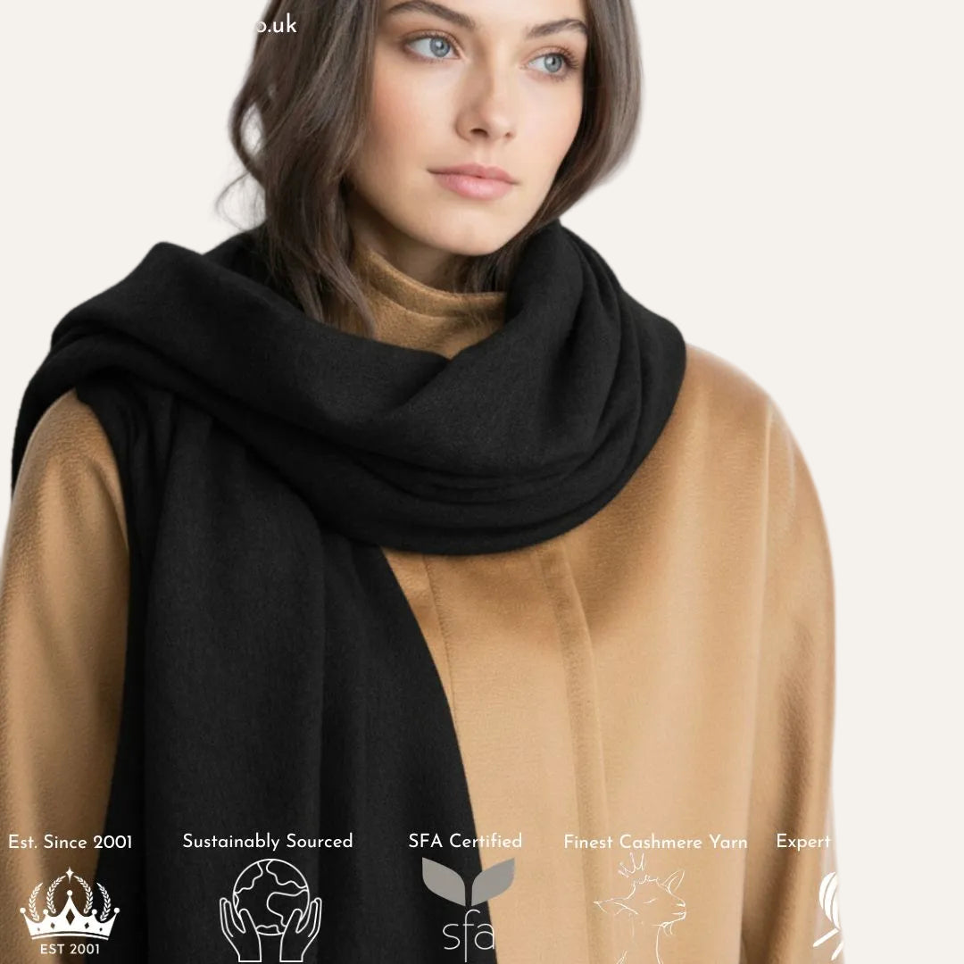 Christmas Gift Idea - Luxury Cashmere Stole - Wrap - Womans Large Cashmere Scarf - Black on a model 1