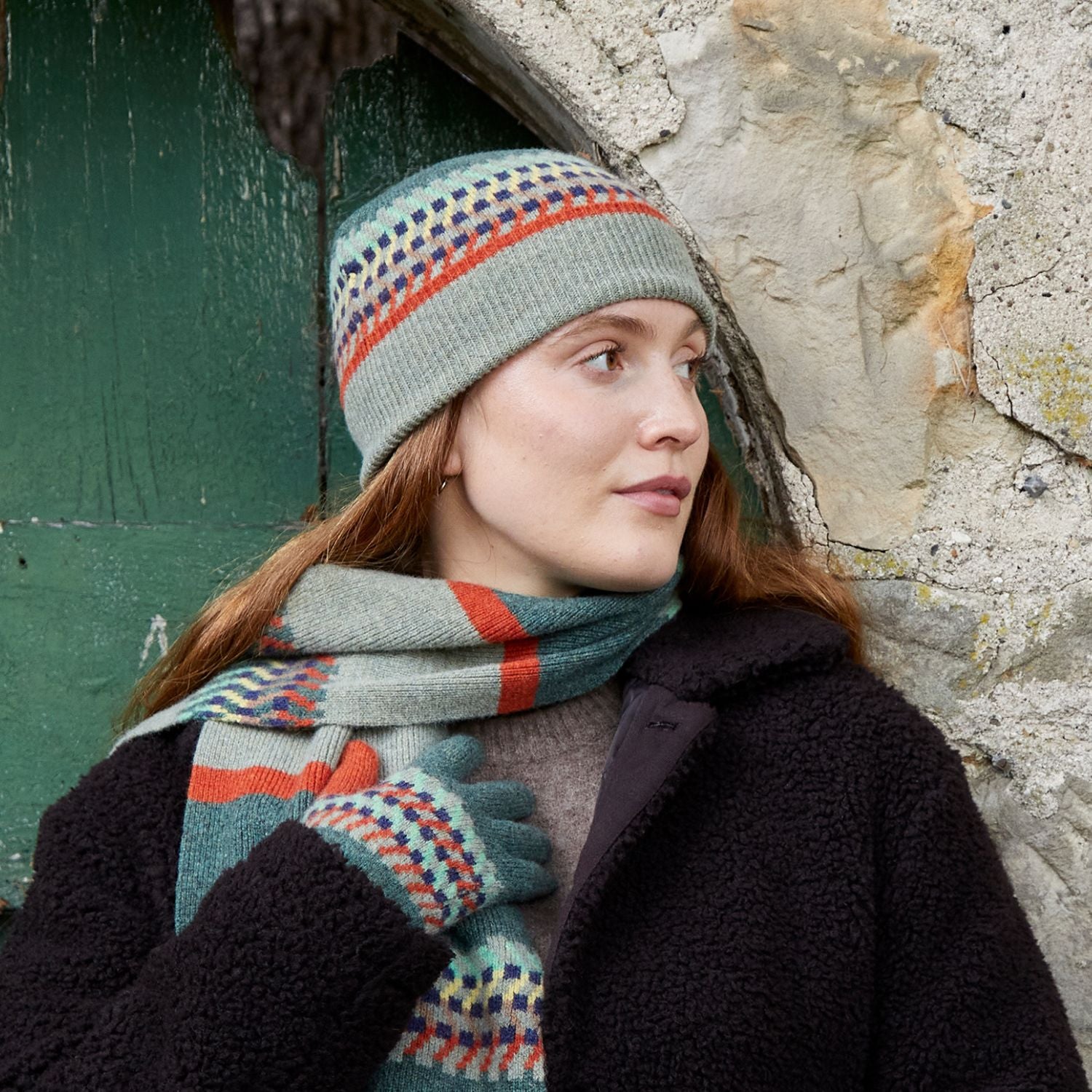 Model wearing Patterned Wool Beanie Hat | Green Jacquard Pattern | The Cashmere Choice