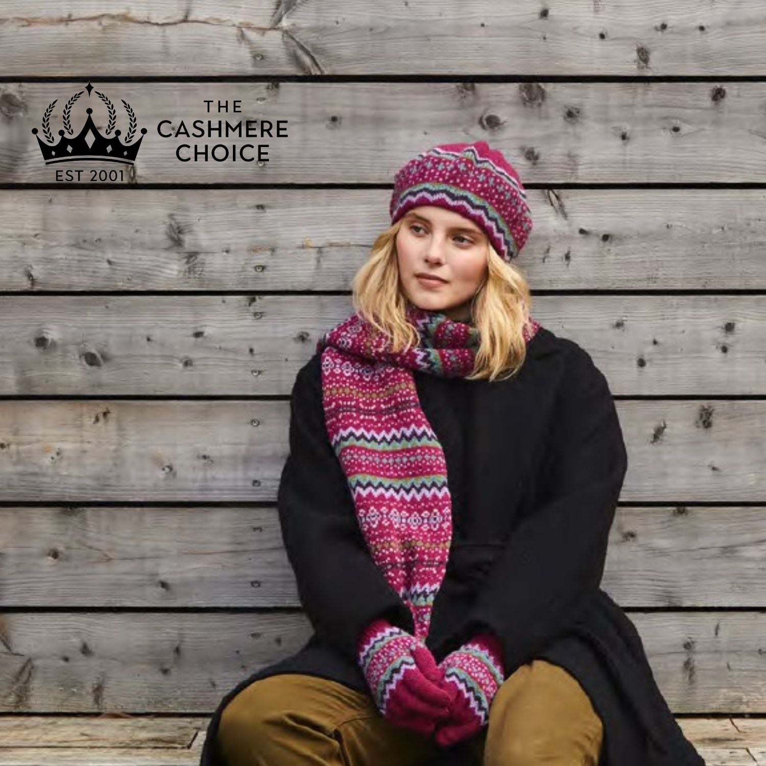 Fairisle Patterned Christmas Ladies Scarf Gloves and Beret Set - Pure Lambswool - Pink on Model