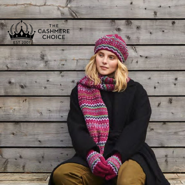 Fairisle Patterned Christmas Ladies Scarf Gloves and Beret Set - Pure Lambswool - Pink on Model