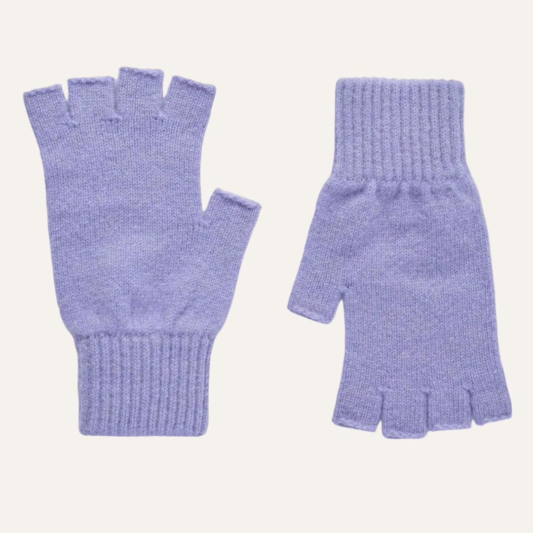 A pair of light purple lilac lambswool knit fingerless gloves shown flat