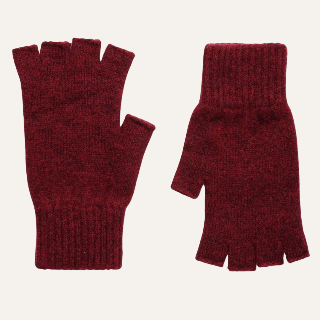 A pair of maroon heathered lambswool knit fingerless gloves