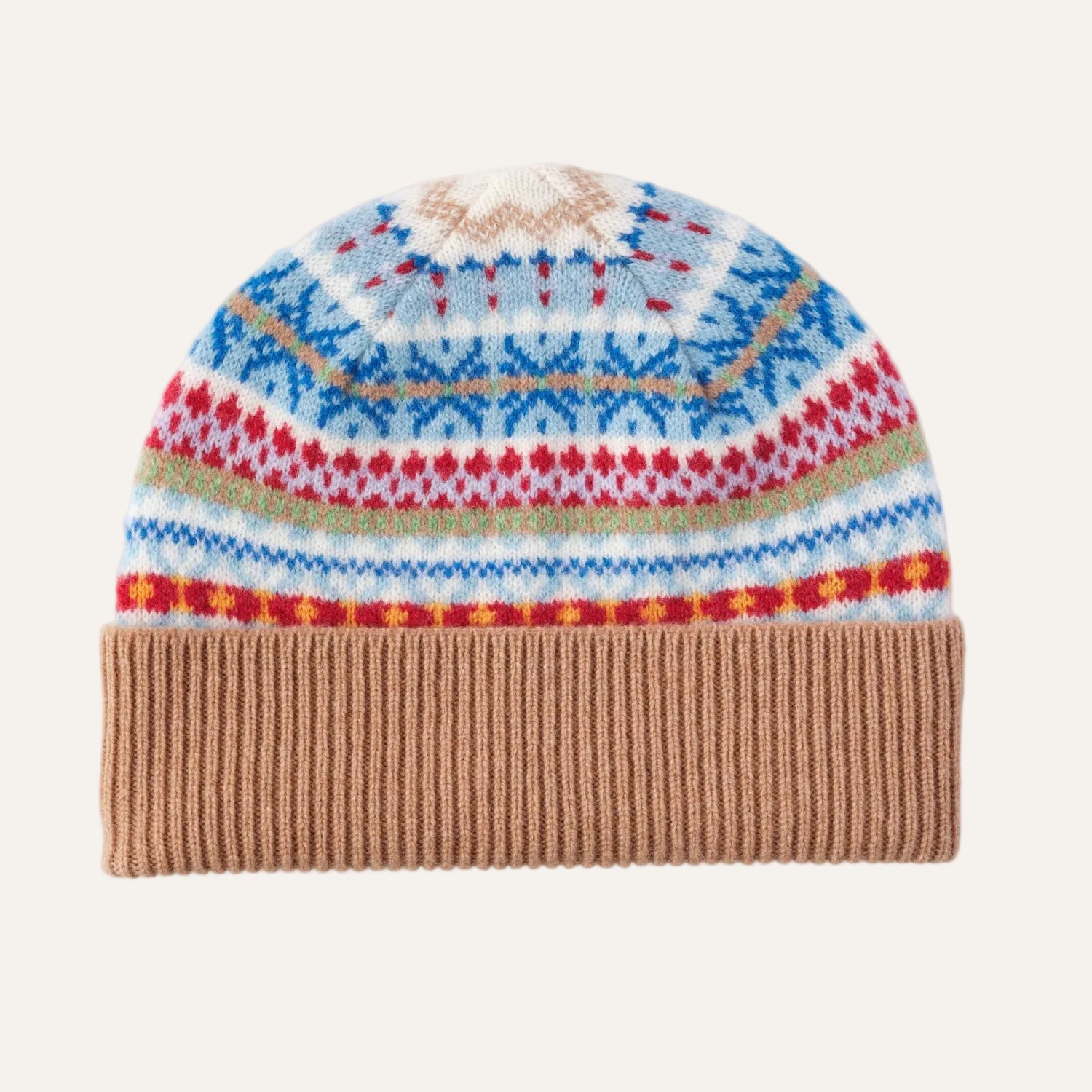 Ladies Fairisle Wool Beanie | Camel Beige Pattern | The Cashmere Choice