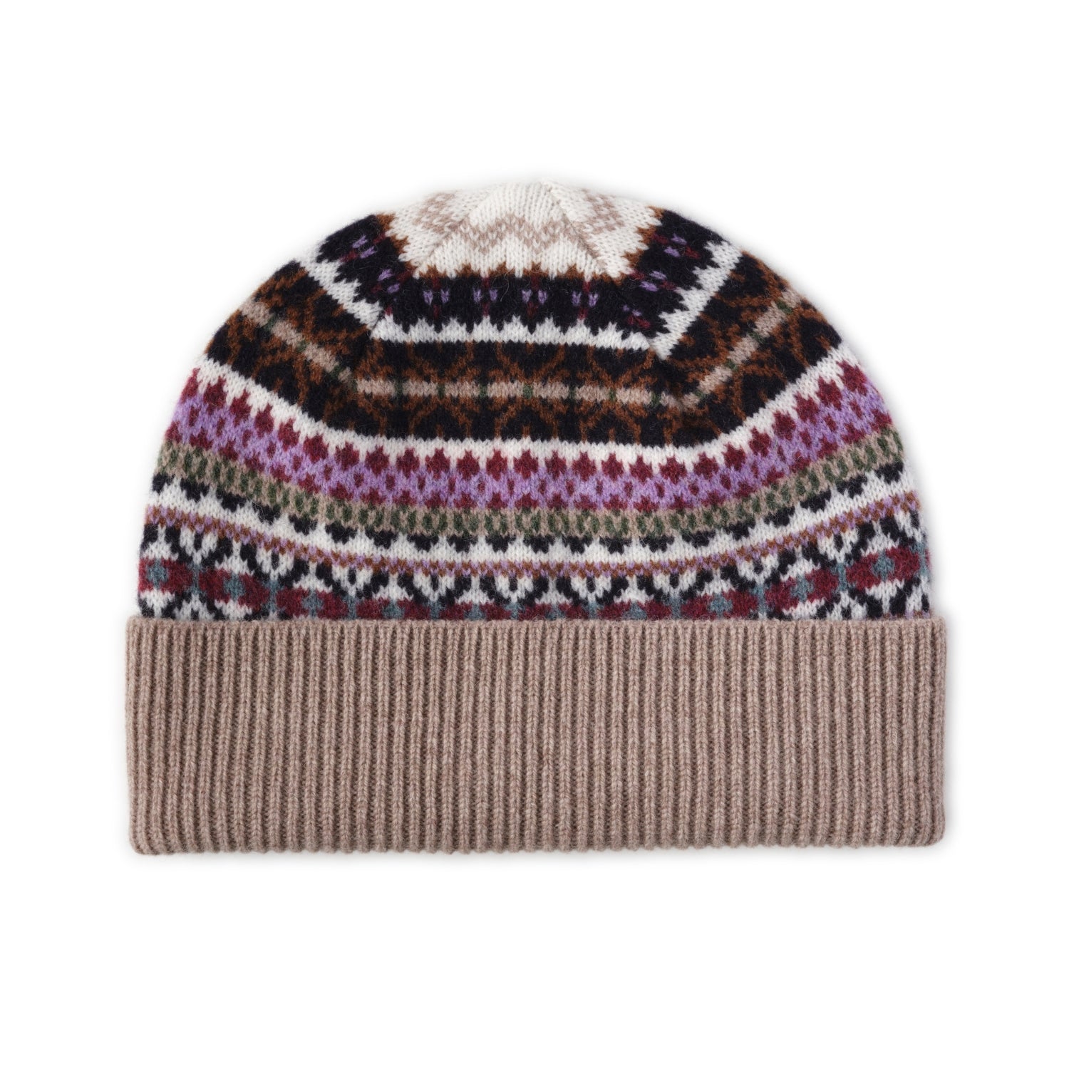 Ladies Fairisle Wool Beanie | Otter Brown Beige Pattern | The Cashmere Choice