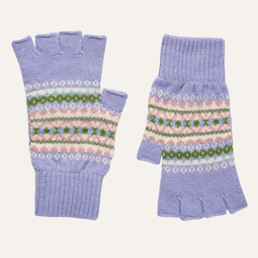 A pair of knit lambswool fingerless gloves in light purple with multicolor Fair Isle stripes in green, pink, white, and yellow.
