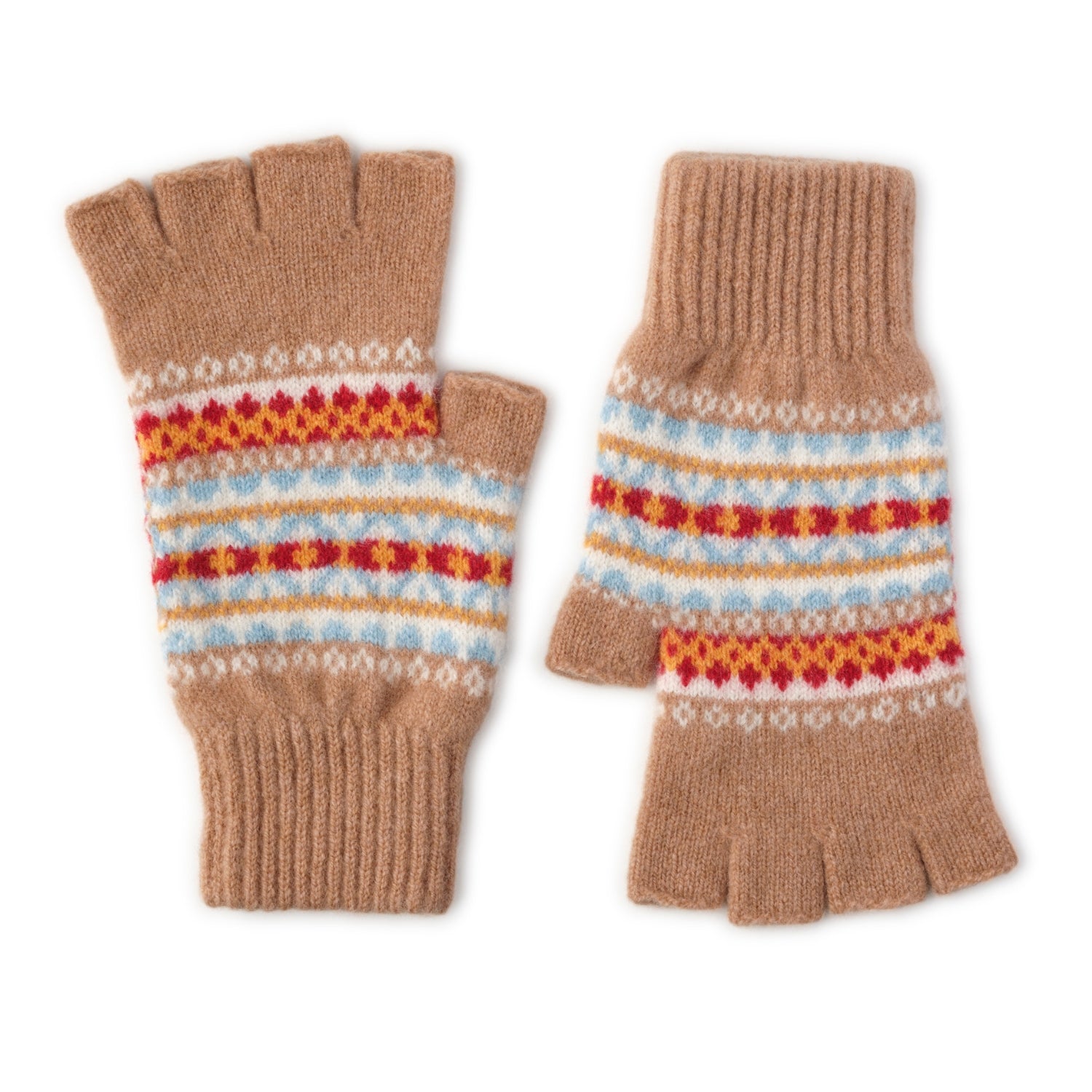 Fairisle Patterned Fingerless Wool Gloves for Ladies | Camel Beige | The Cashmere Choice