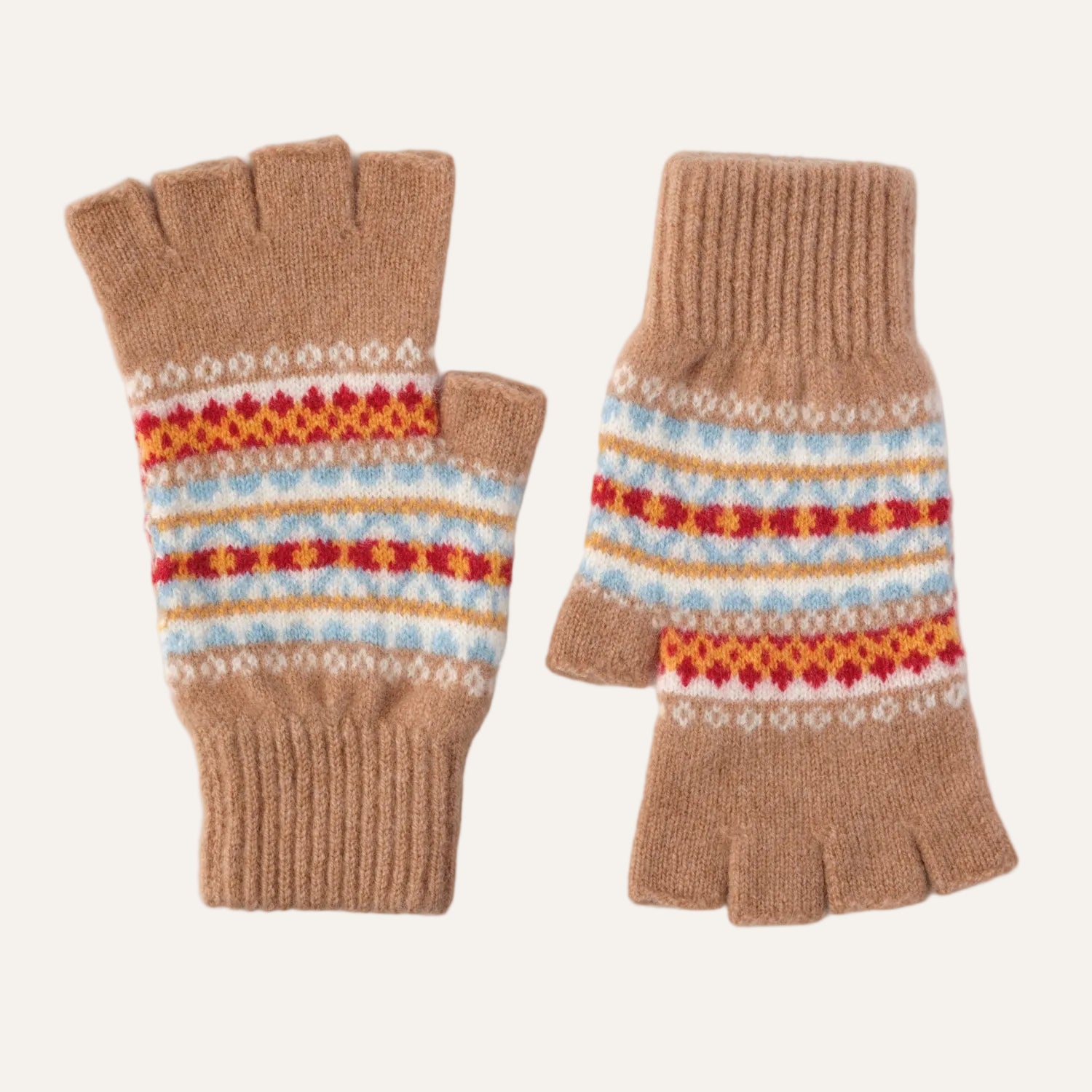 Fairisle Patterned Fingerless Wool Gloves for Ladies | Camel Beige | The Cashmere Choice