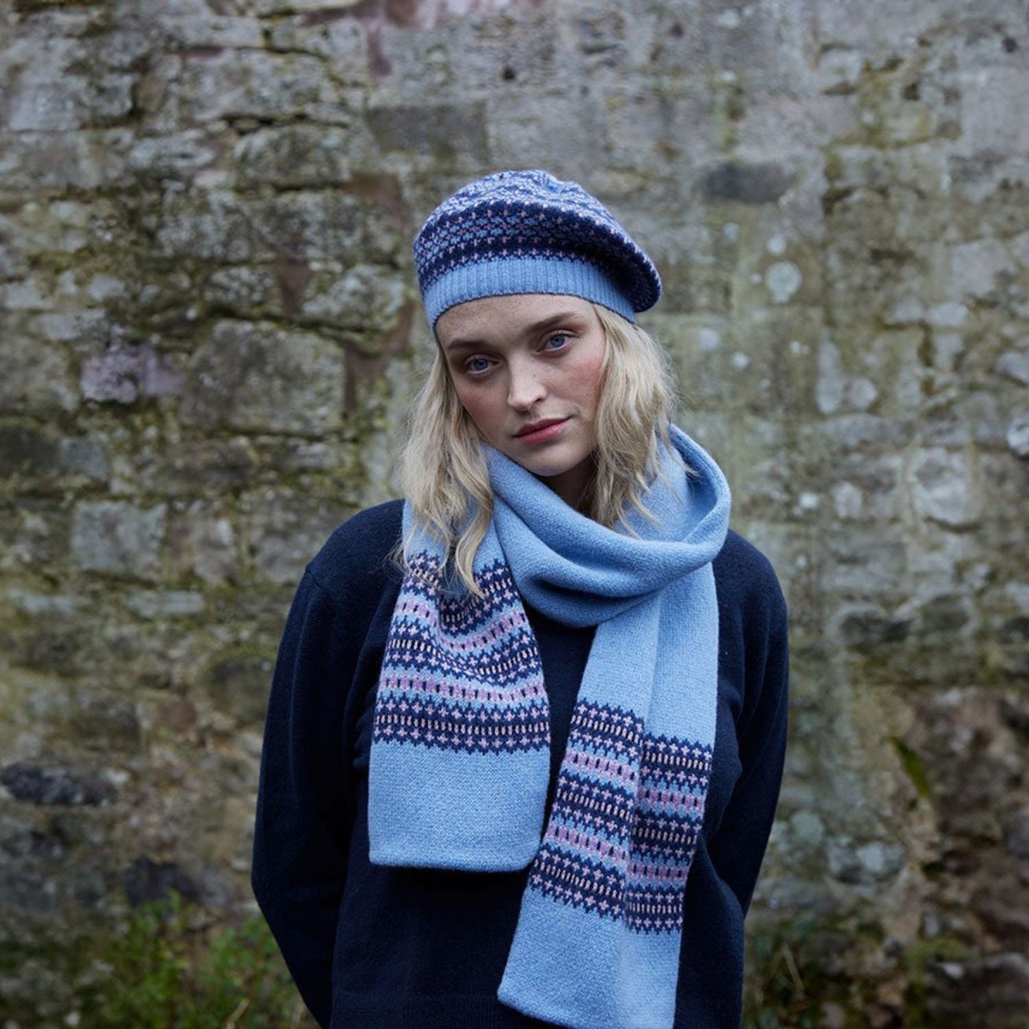 Women's Wool Beret | Knitted Beret | Light Blue Fairisle Pattern Beret Gift Set on Model