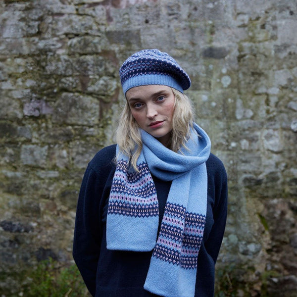 Women's Wool Beret | Knitted Beret | Light Blue Fairisle Pattern Beret Gift Set on Model