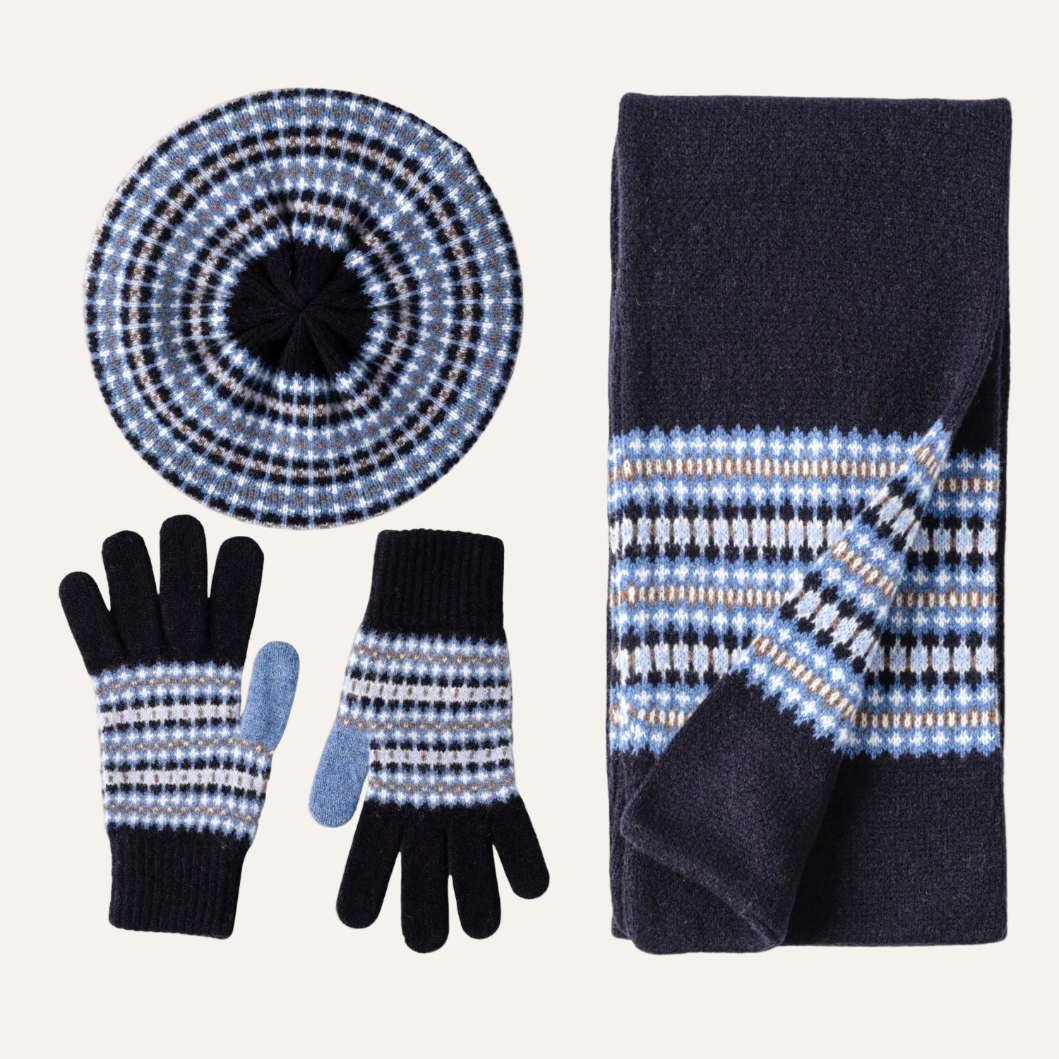 Women's Wool Scarf Hat and Glove Gift Set Fairisle Pattern - Navy Blue