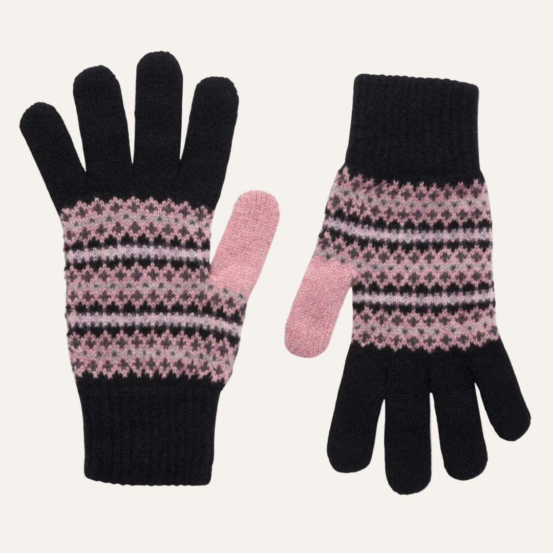A pair of knit winter gloves in black and light pink, featuring a Fair Isle pattern across the front and back of the hands.