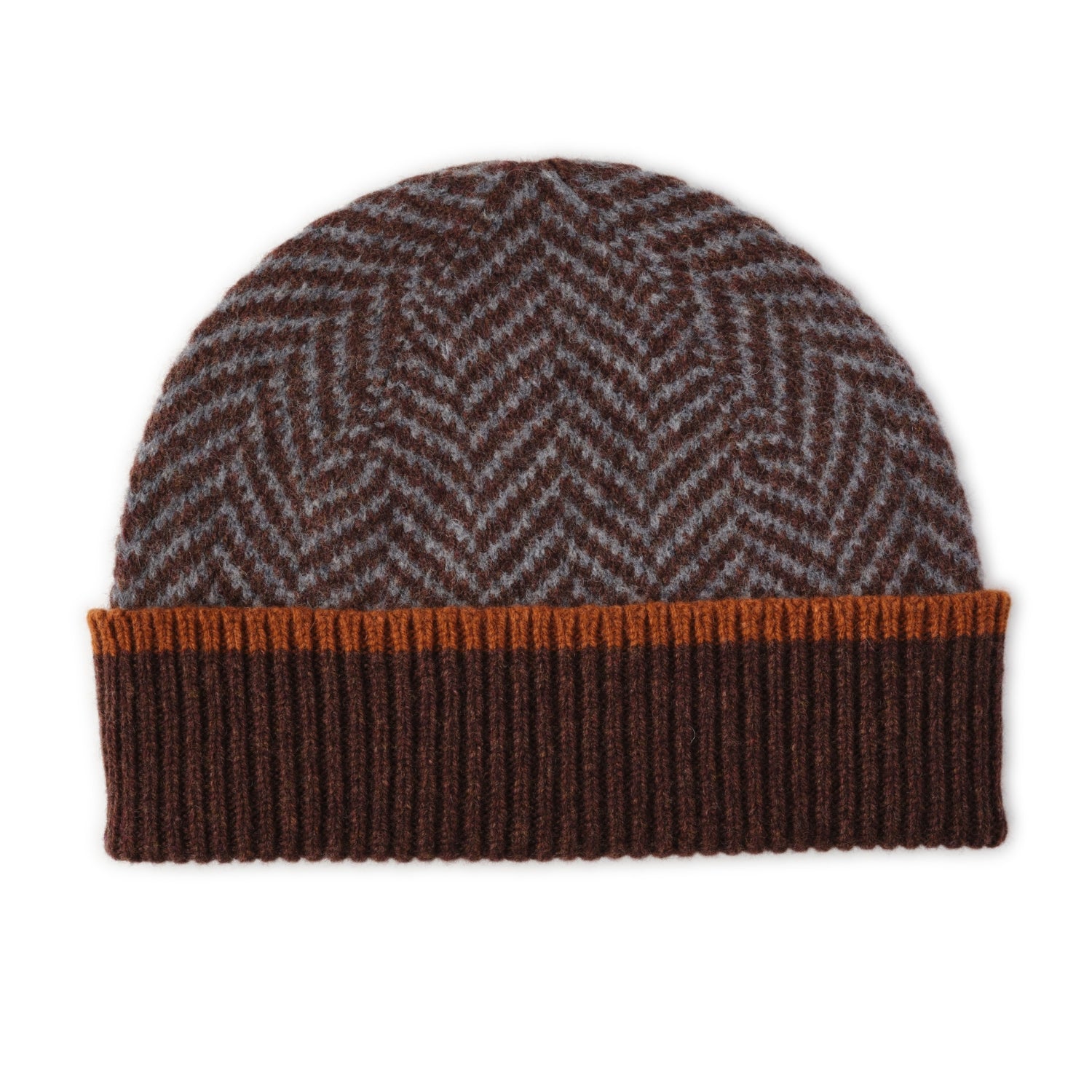 Ehically Sourced Mens Pure Wool Beanie Hat | Brown Herringbone | The Cashmere Choice