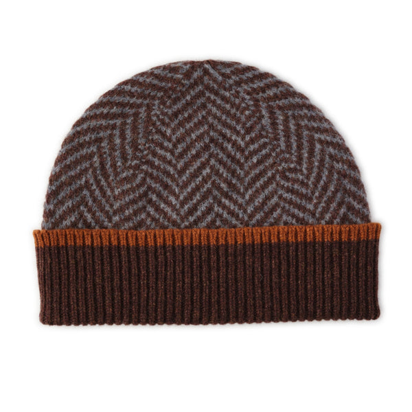 Ehically Sourced Mens Pure Wool Beanie Hat | Brown Herringbone | The Cashmere Choice