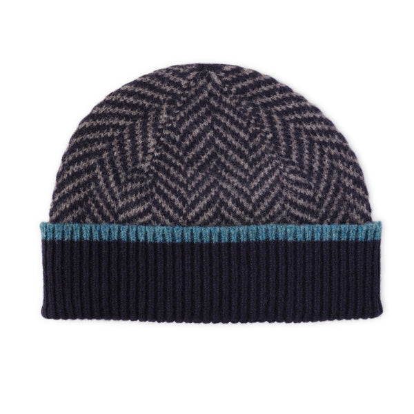 Ehically Sourced Mens Pure Wool Beanie Hat | Navy Herringbone | The Cashmere Choice