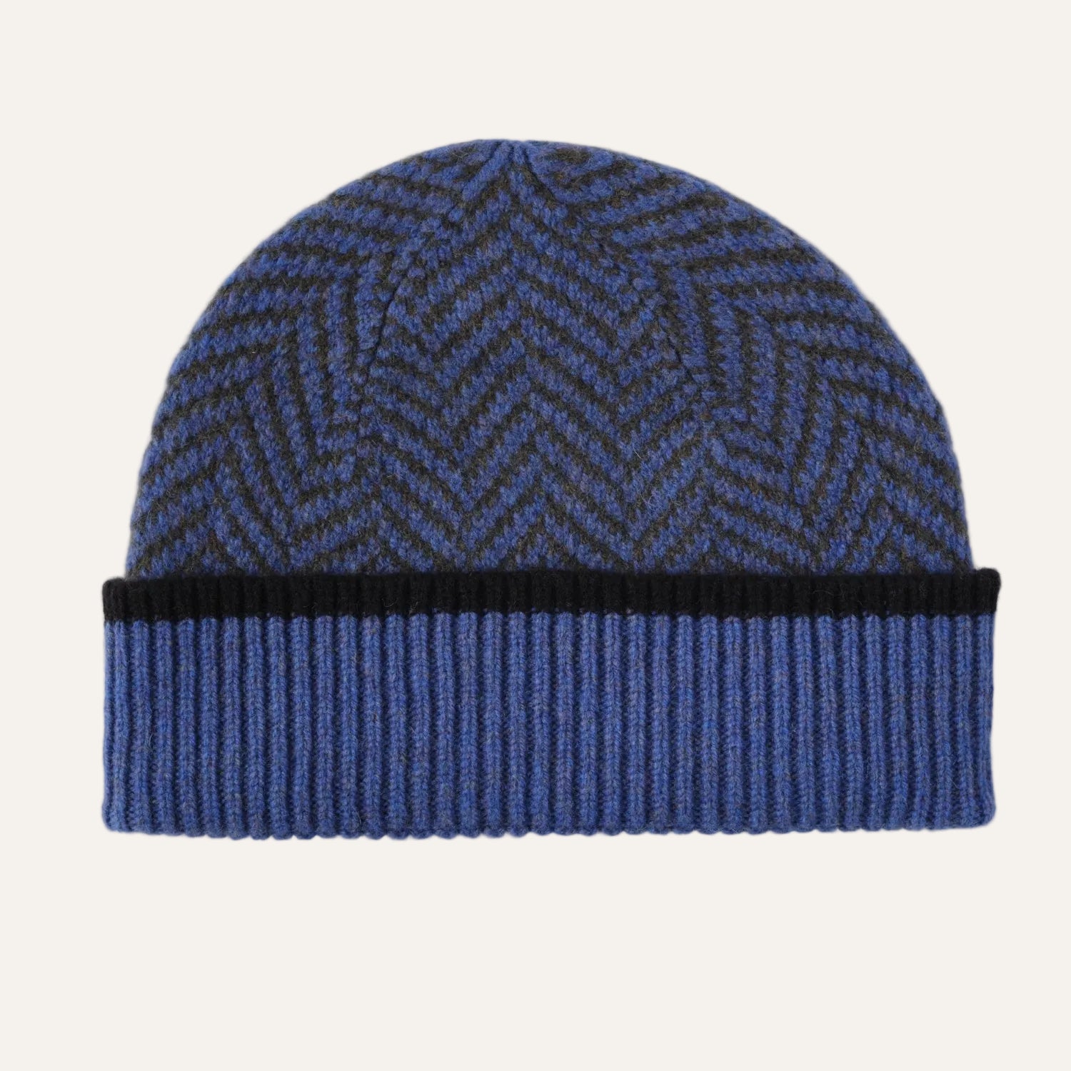 Ehically Sourced Mens Pure Wool Beanie Hat | Blue Herringbone | The Cashmere Choice