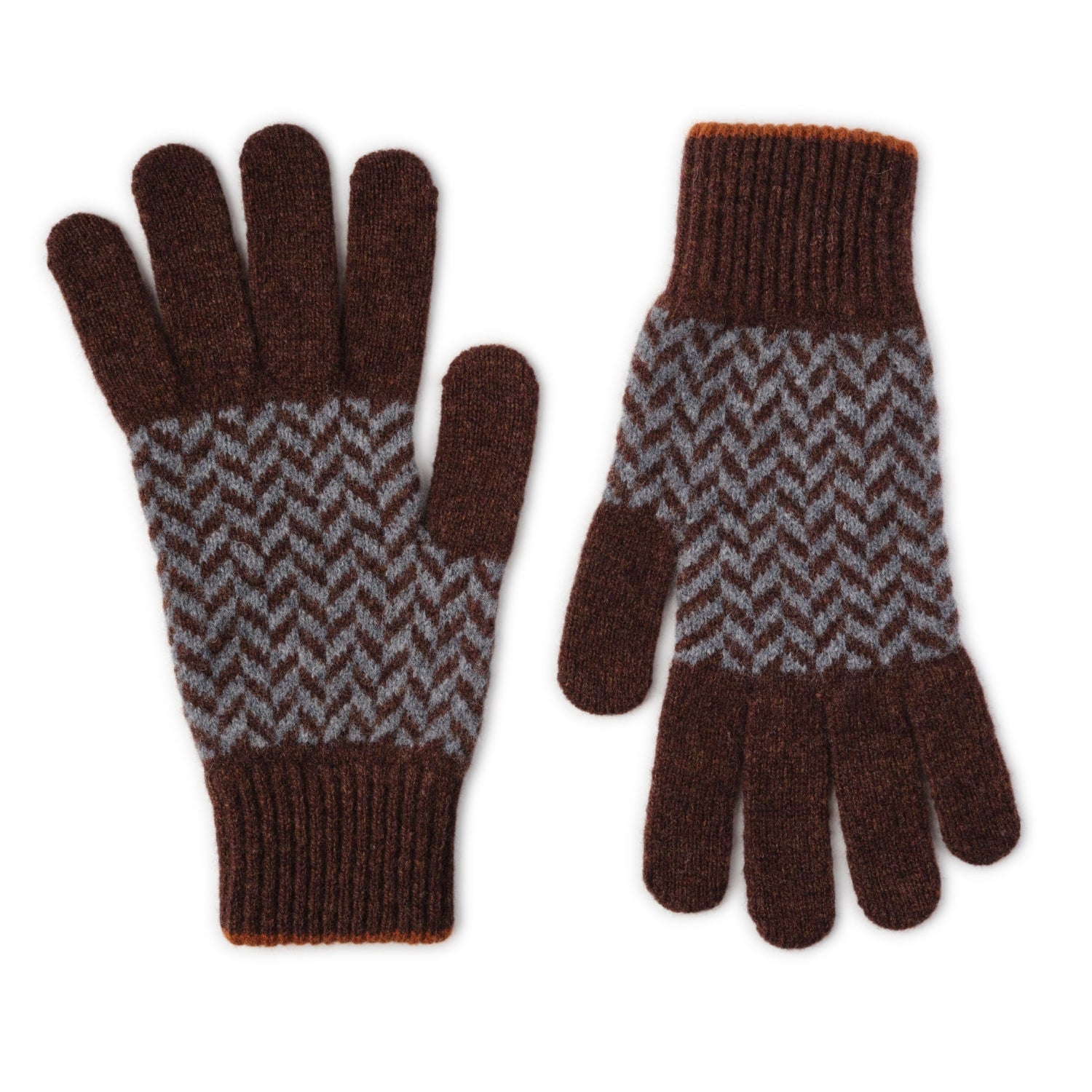 Ehically Sourced Mens Pure Wool Gloves | Brown Herringbone | The Cashmere Choice