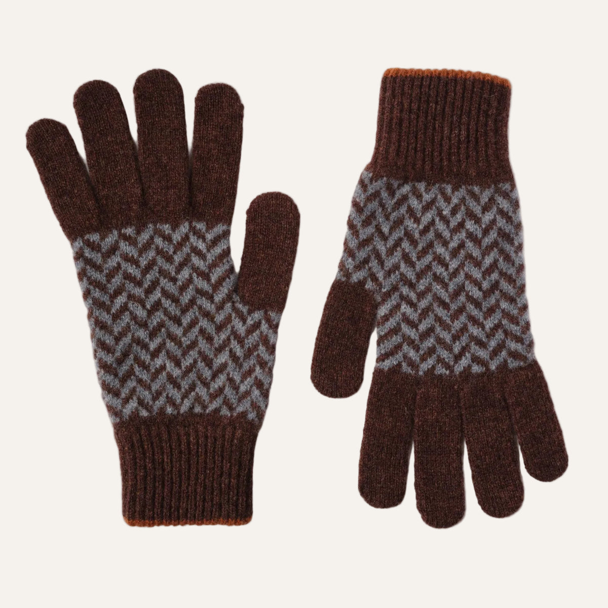 Ehically Sourced Mens Pure Wool Gloves | Brown Herringbone | The Cashmere Choice
