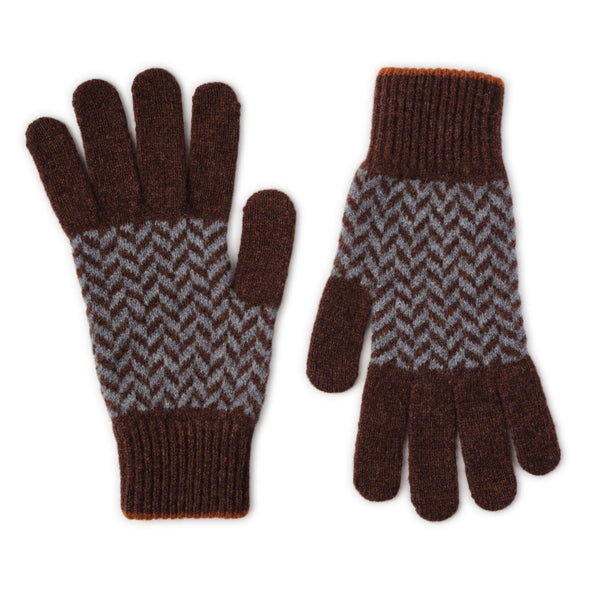 Ehically Sourced Mens Pure Wool Gloves | Brown Herringbone | The Cashmere Choice