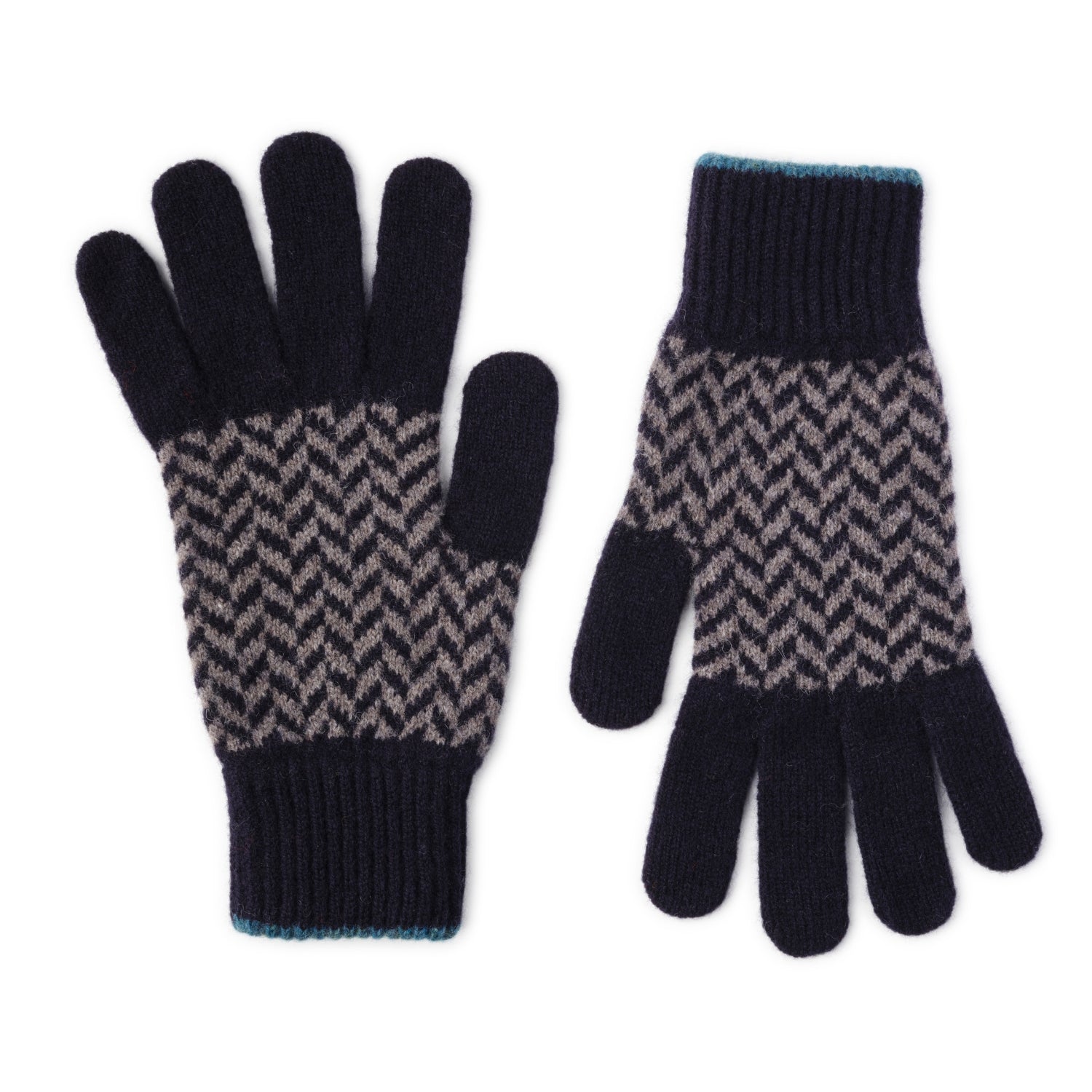Ehically Sourced Mens Pure Wool Gloves | Navy Herringbone | The Cashmere Choice