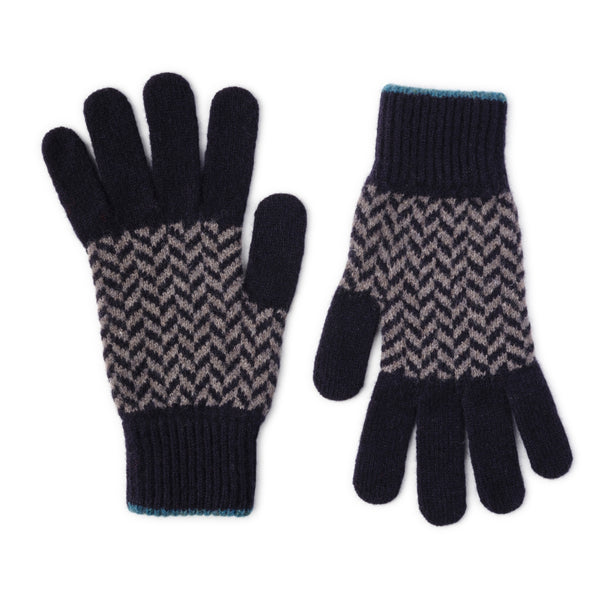 Ehically Sourced Mens Pure Wool Gloves | Navy Herringbone | The Cashmere Choice