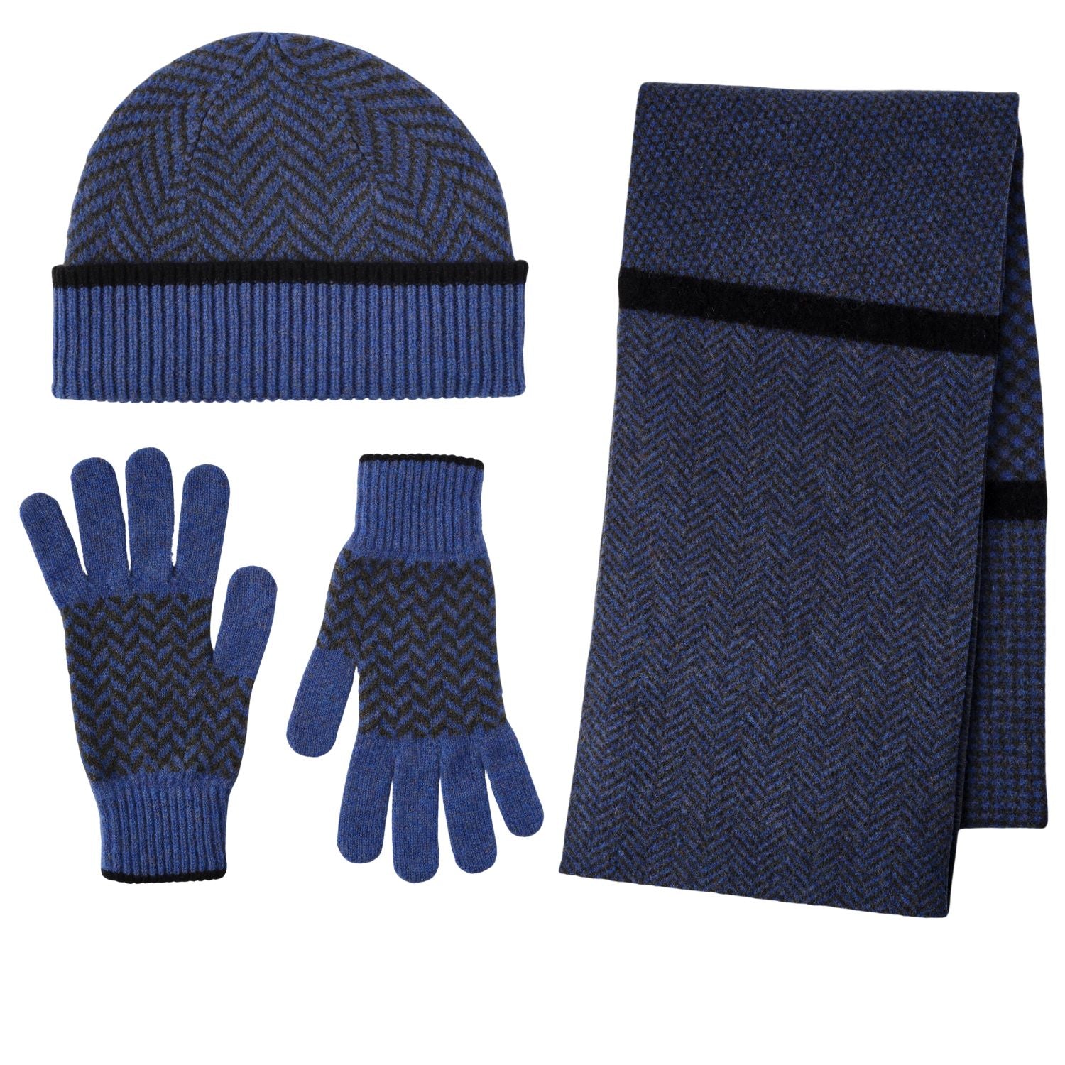 Ehically Sourced Mens Pure Wool Scarf Hat and Gloves Set | Blue Herringbone | The Cashmere Choice