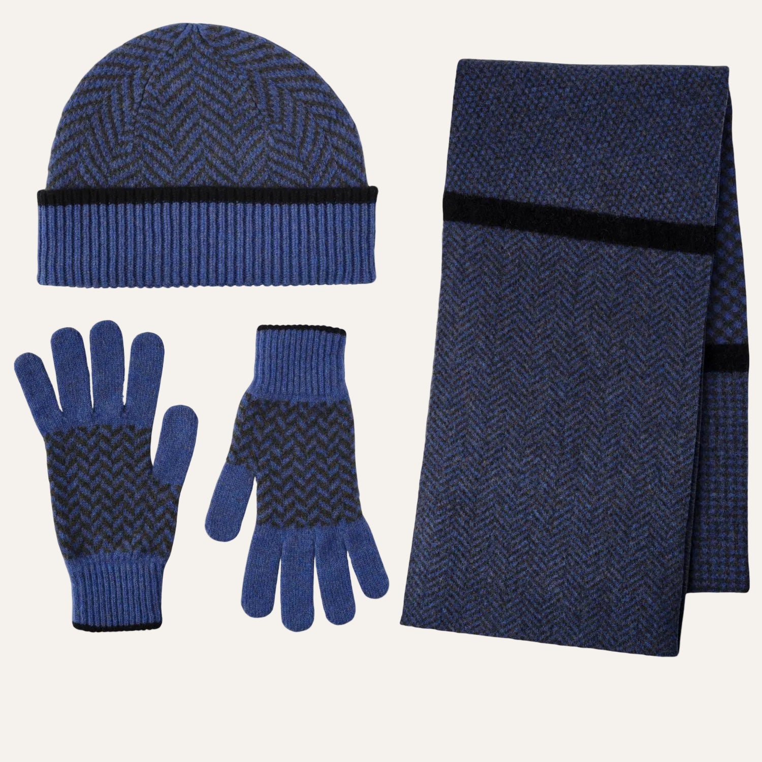 Ehically Sourced Mens Pure Wool Scarf Hat and Gloves Set | Blue Herringbone | The Cashmere Choice