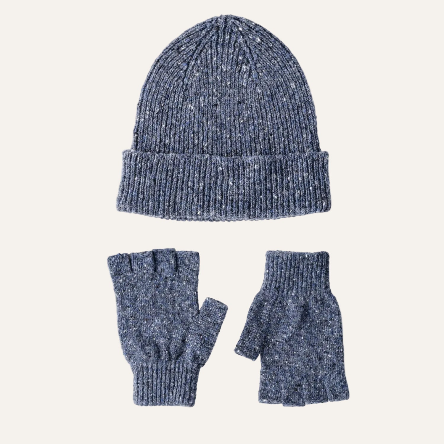 mens donegal wool denim blue beanie hat and glove gift set