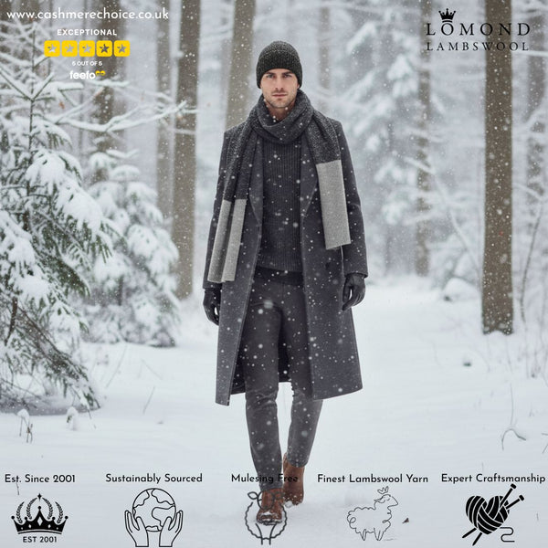 Mens Gift Set - Grey Beanie Hat and Scarf - Pure Lambswool - Lomond Lambswool - on a model