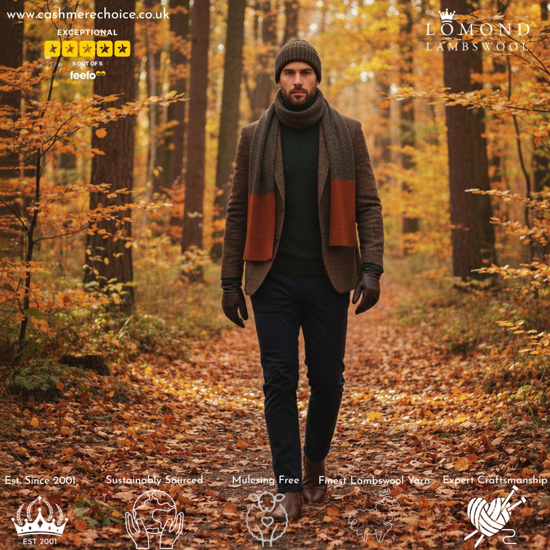 Mens Gift Set - Brown Beanie Hat and Scarf - Pure Lambswool - Lomond Lambswool - on a model