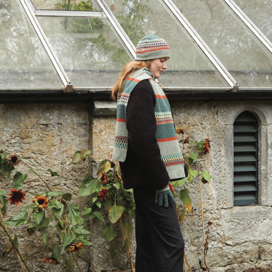 Model wearing Patterned Wool Beanie Hat | Green Jacquard Pattern | The Cashmere Choice