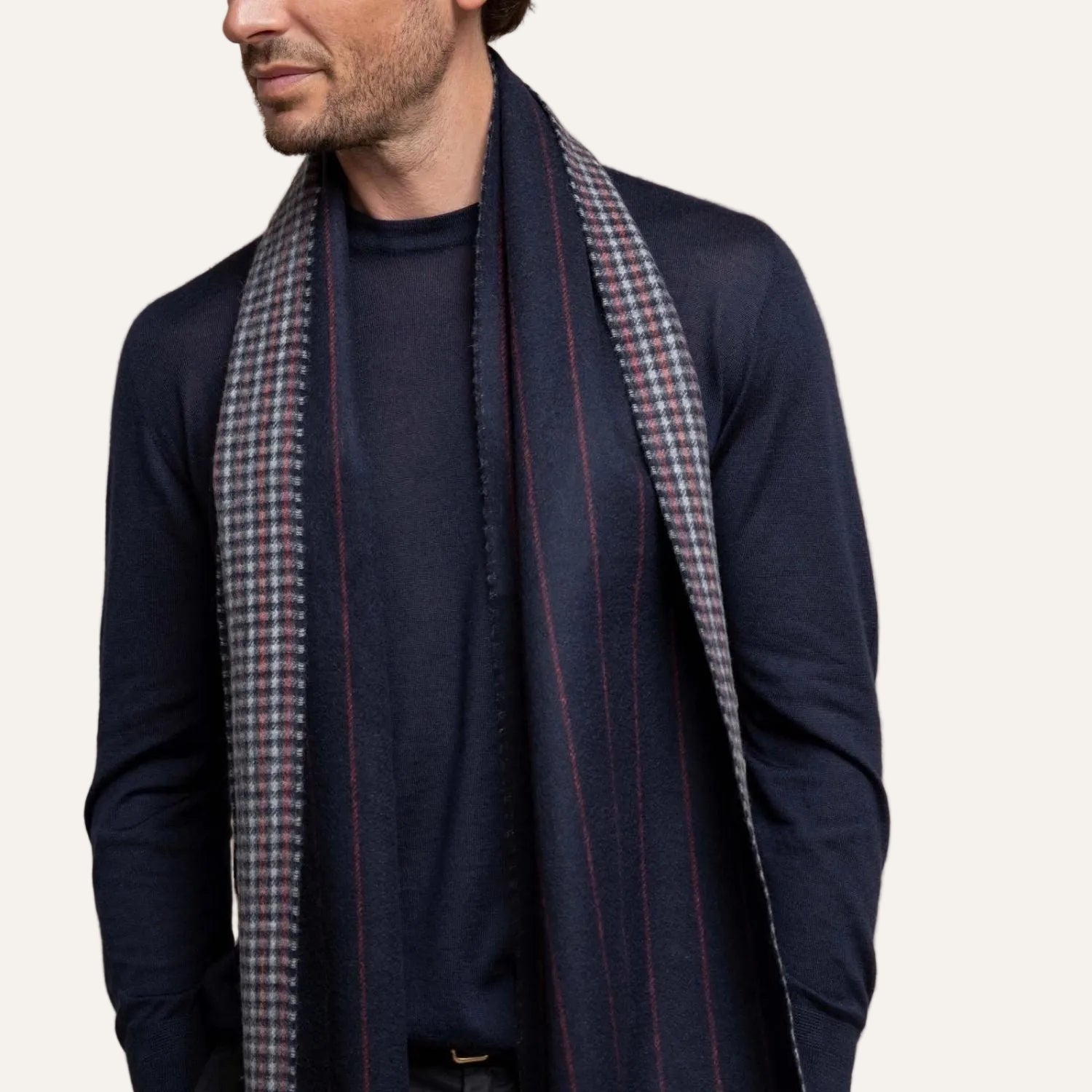 Johnsons of Elgin | Johnstons Cashmere | Mens Reversible Cashmere Scarf | Made in Scotland | Style RU7133 on Model | shop at The Cashmere Choice | London