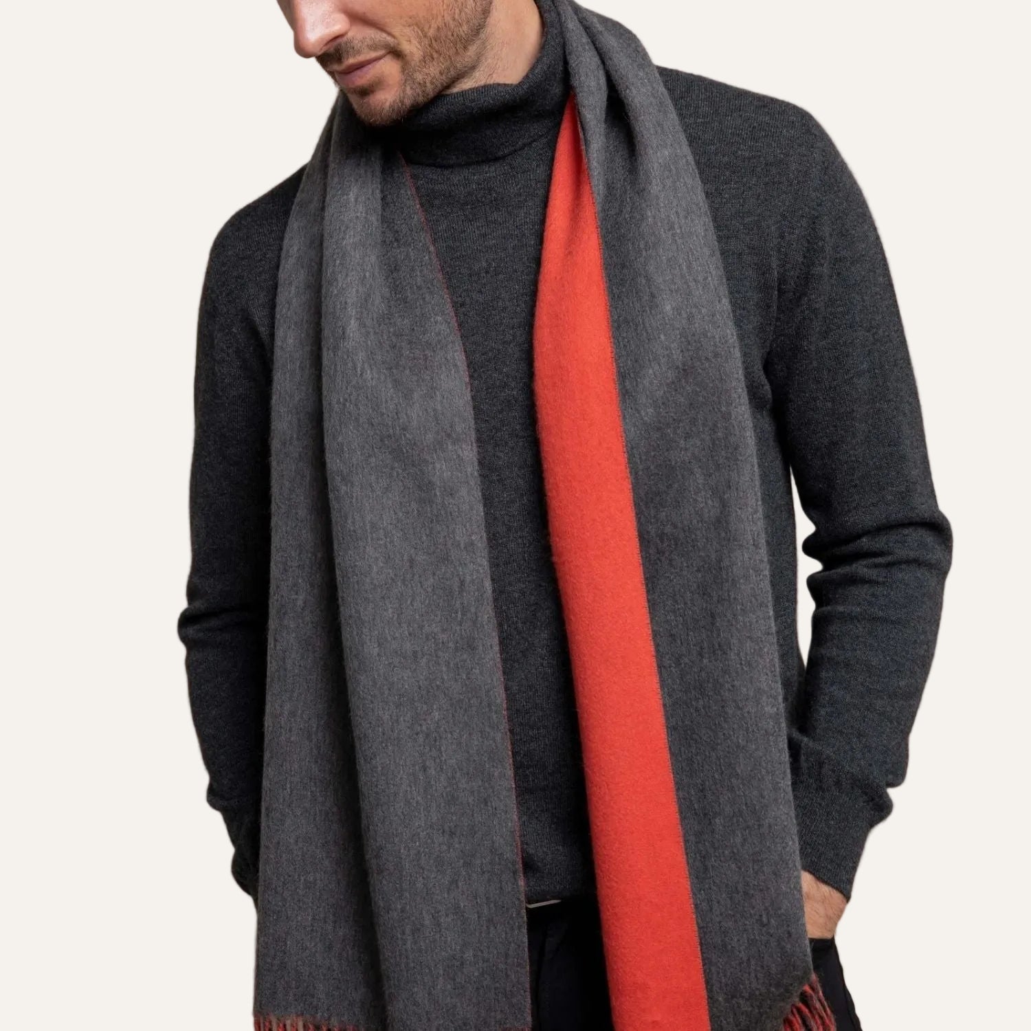 Johnsons of Elgin | Johnstons Cashmere | Mens Reversible Cashmere Scarf | Made in Scotland | Style RU7415 on Model | shop at The Cashmere Choice | London