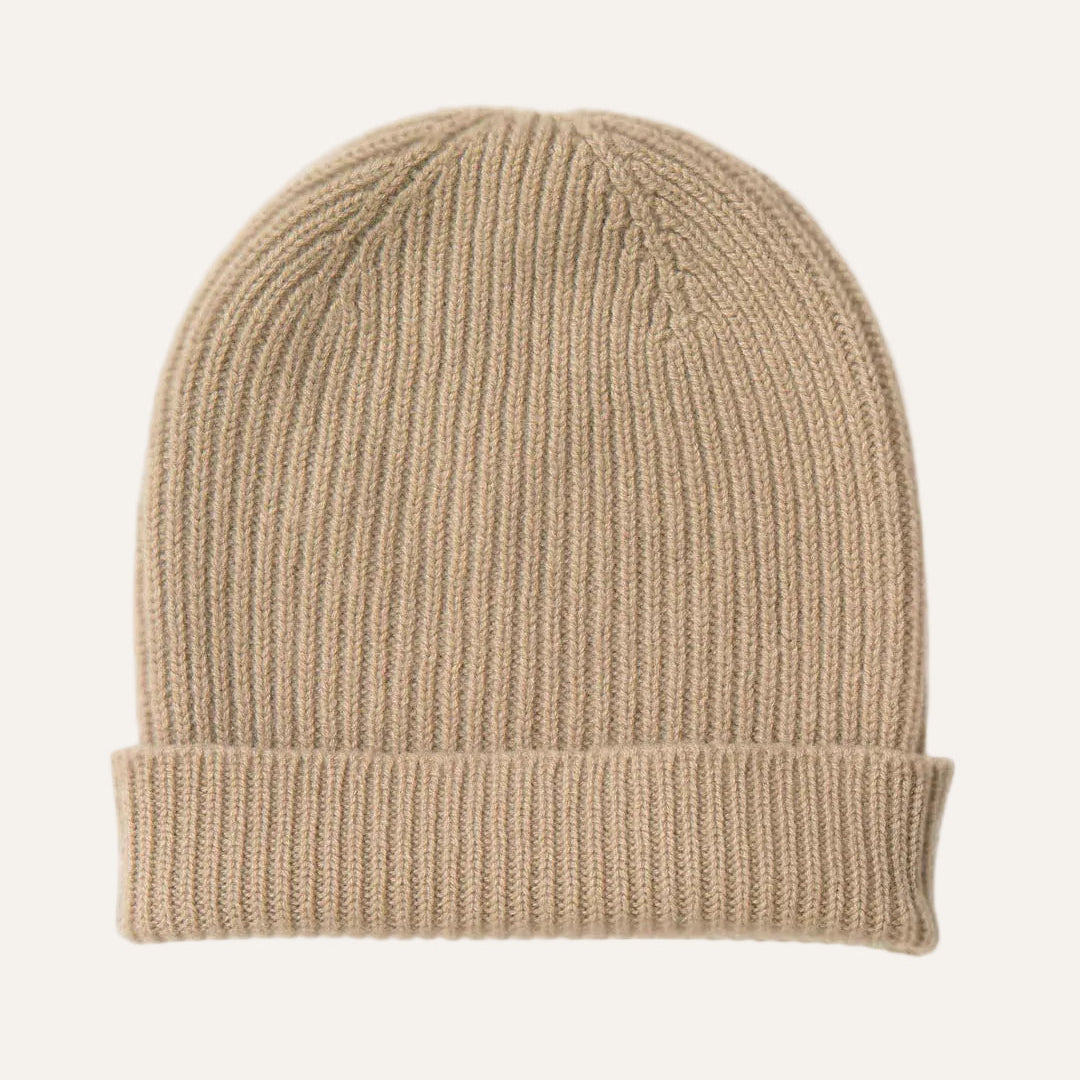 The Cashmere Choice - beige pure cashmere winter beanies
for men and women Made in Scotland