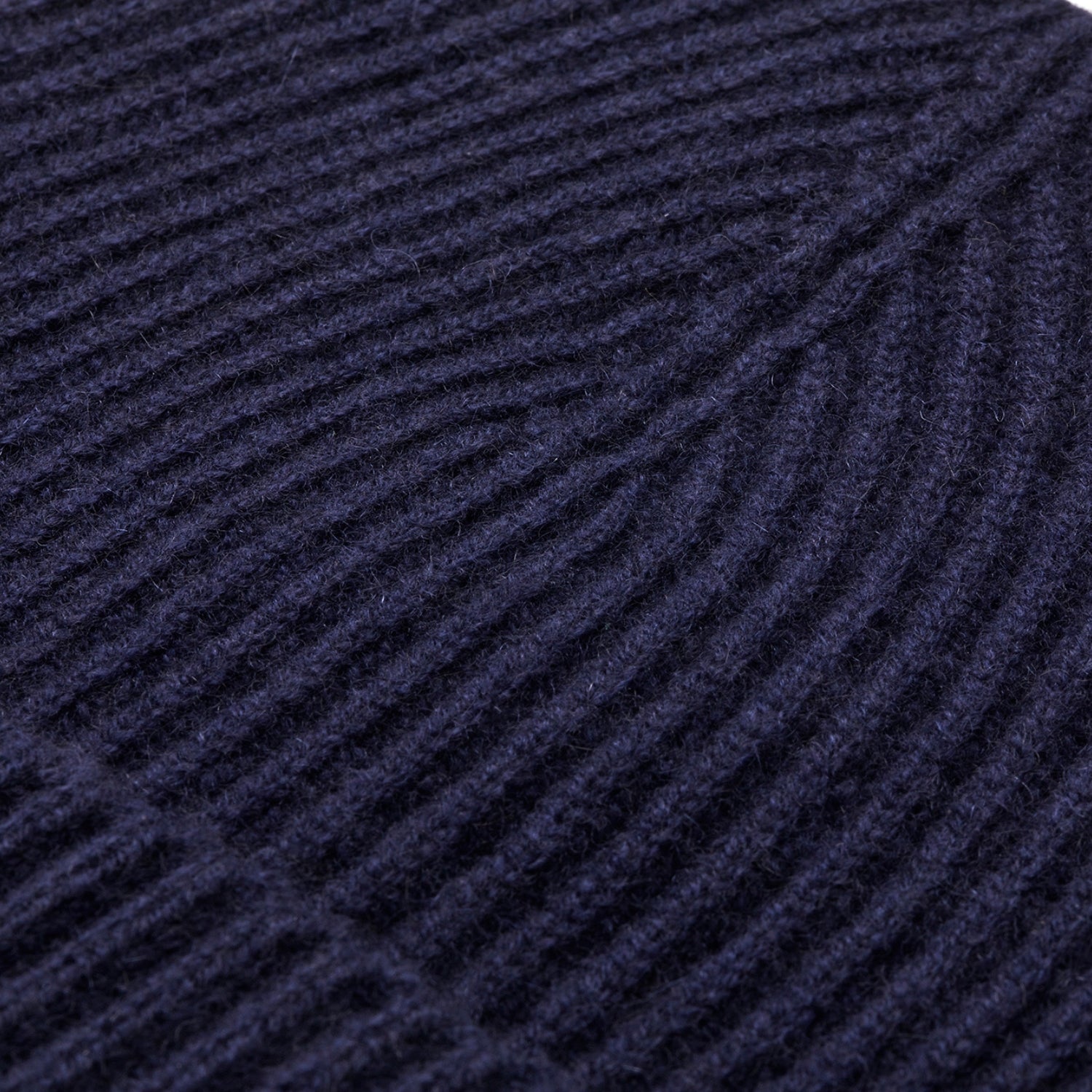 The Cashmere Choice - close up of navy blue pure cashmere winter beanies for men and women Made in Scotland