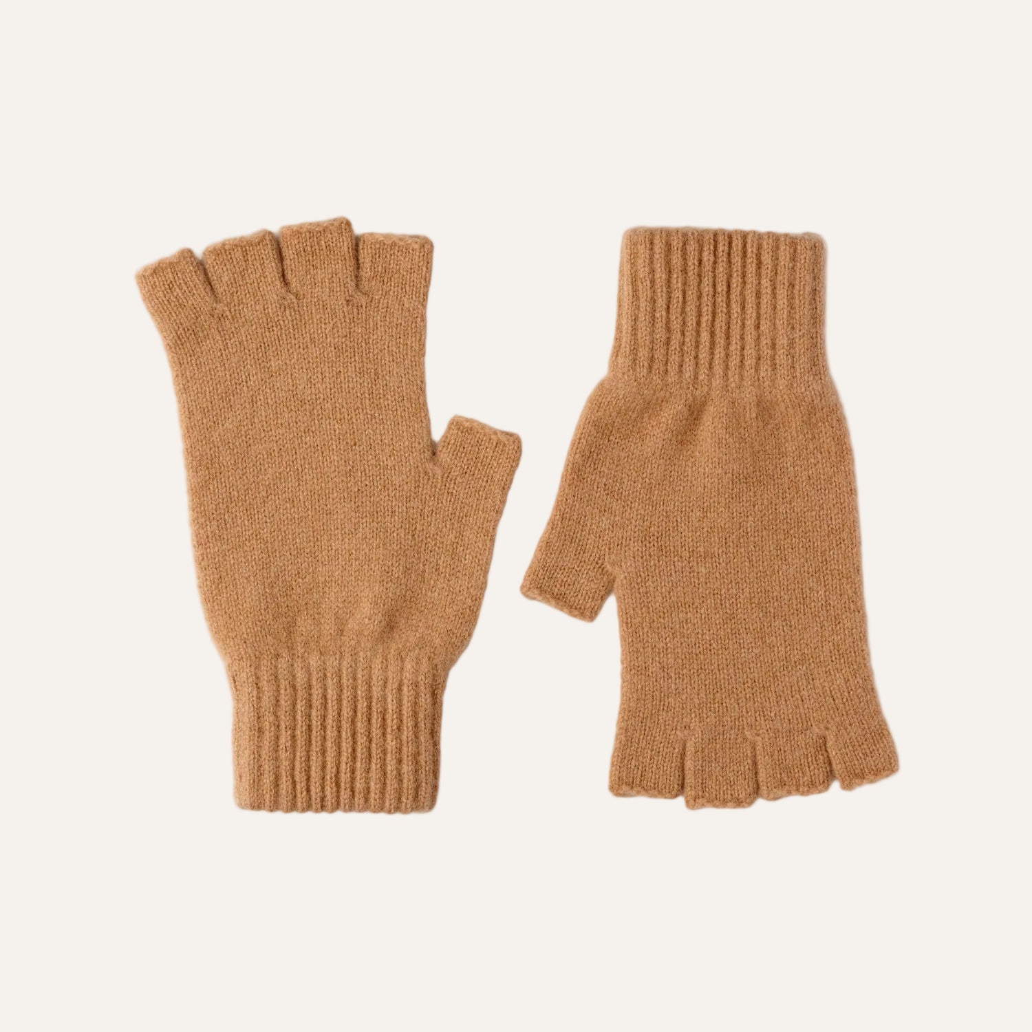 Fingerless Ladies Gloves - Half Finger Lambs Wool Gloves - Beige Camel