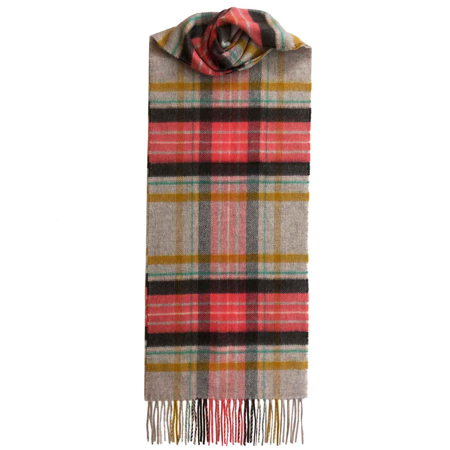 Checked Cashmere Scarf With Fringes - Beige Yellow Coral - Ladies Cashmere Scarf