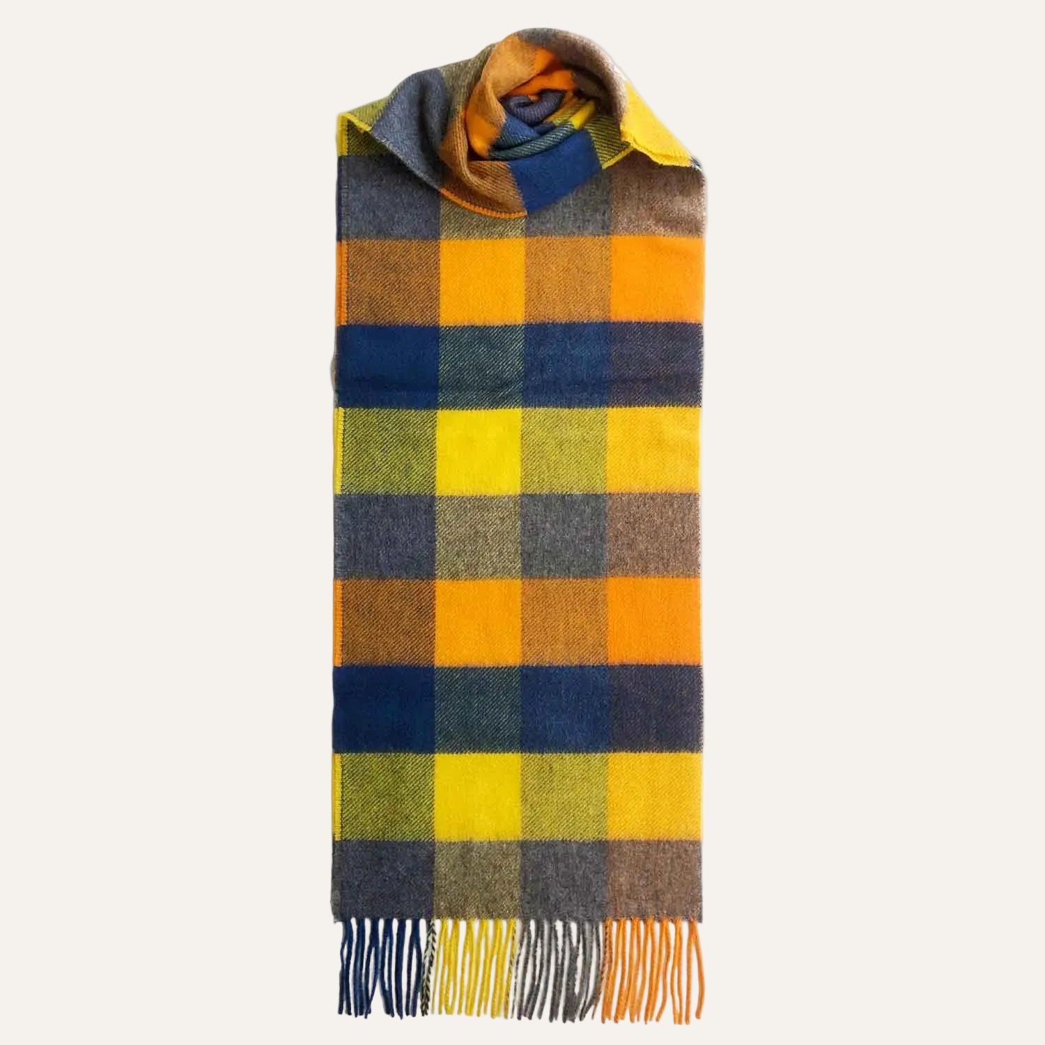 Checked Cashmere Scarf - yellow blue - pure cashmere