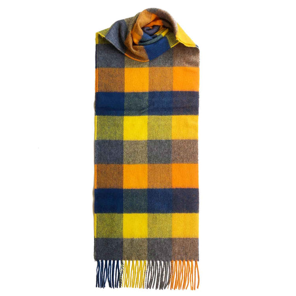 Checked Cashmere Scarf - yellow blue - pure cashmere