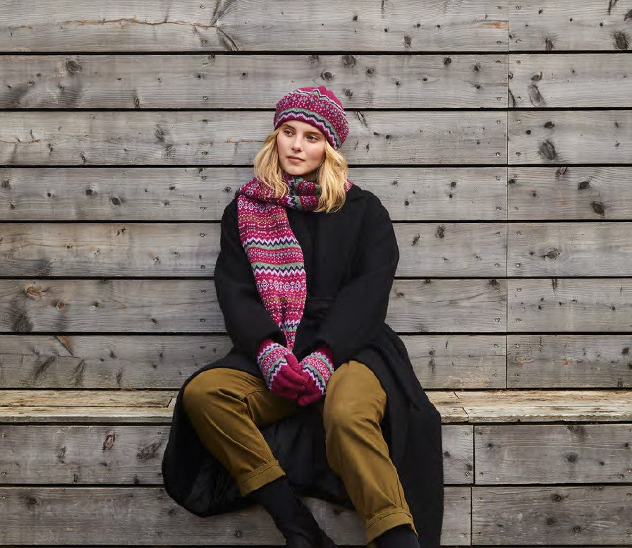 Christmas scarf - Pink patterned Ladies Scarf with Model - Pure Lambswool