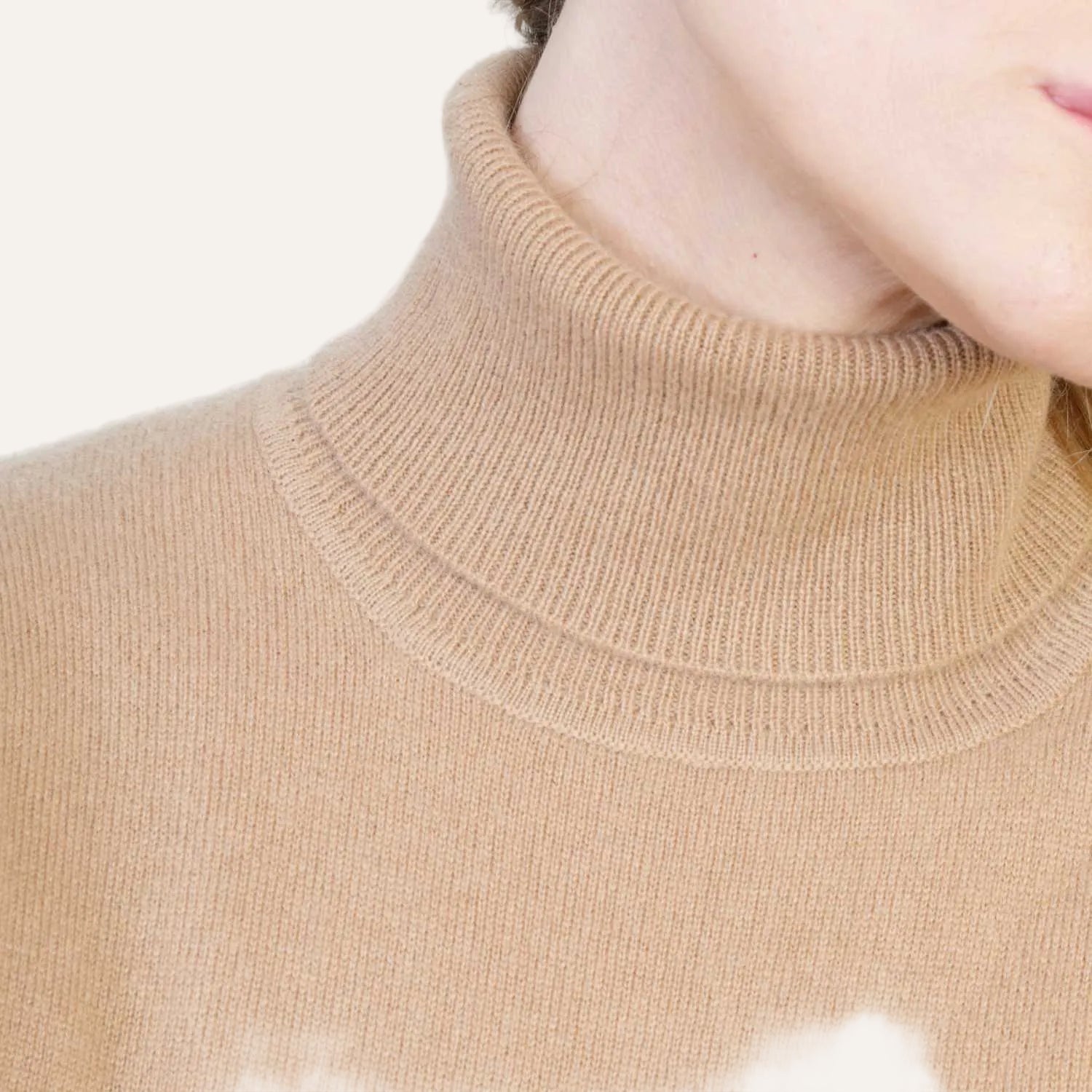 Ladies Beige Camel Cashmere Polo Neck Sweater | Close up | Shop at The Cashmere Choice | London