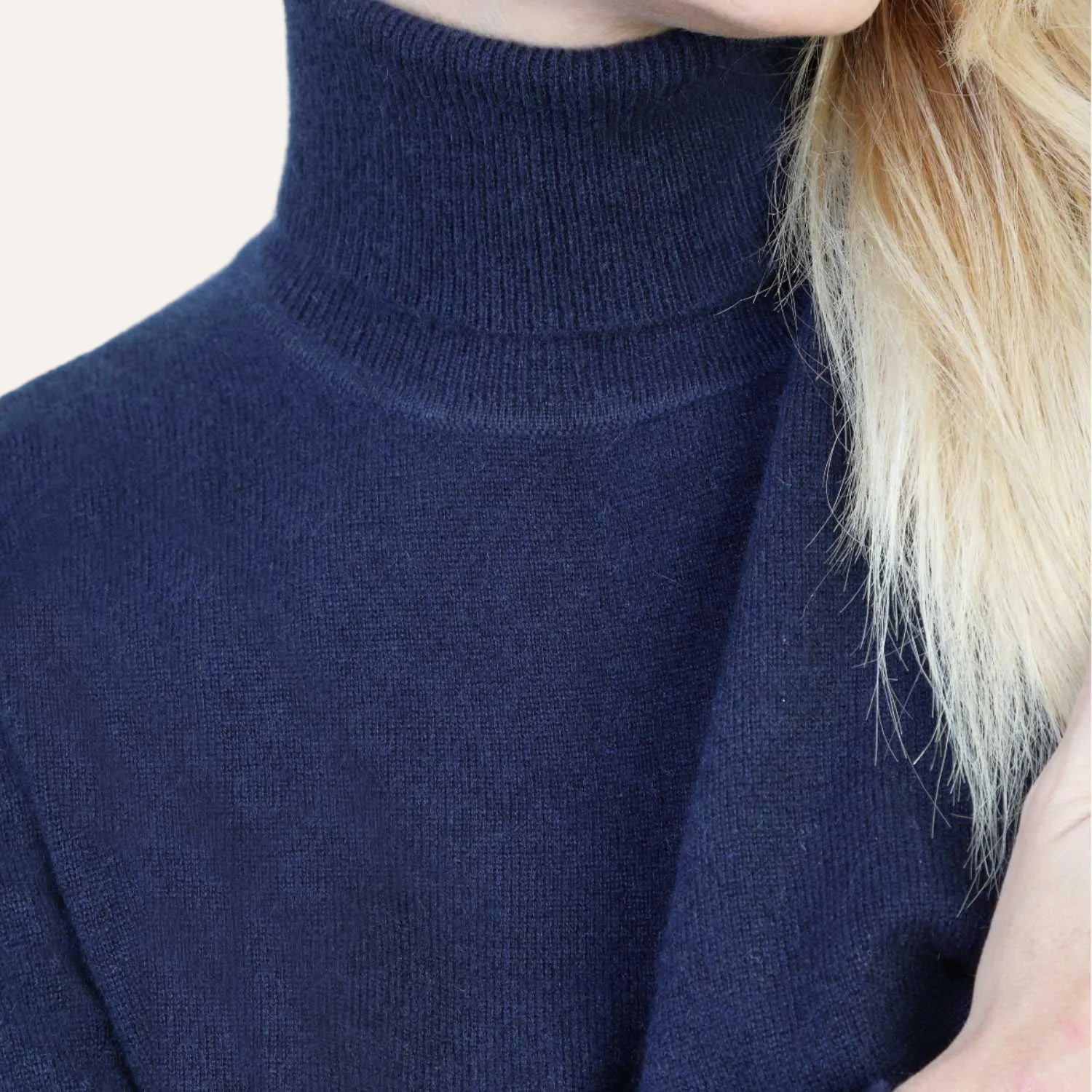 Women's Cashmere Roll Neck Jumper | Navy Blue | Close Up