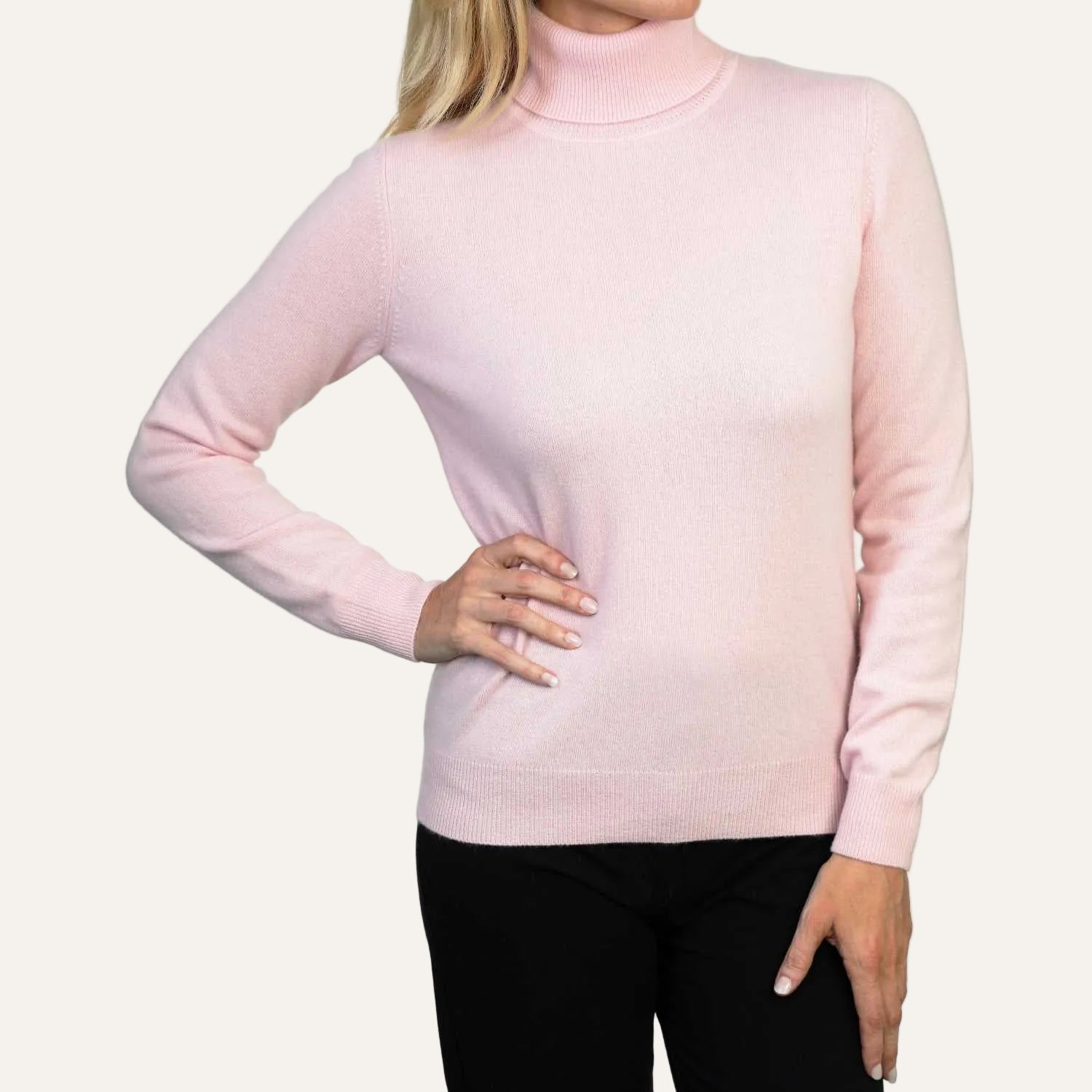 Ladies Pink Cashmere Polo Neck Sweater | Front | Shop at The Cashmere Choice | London