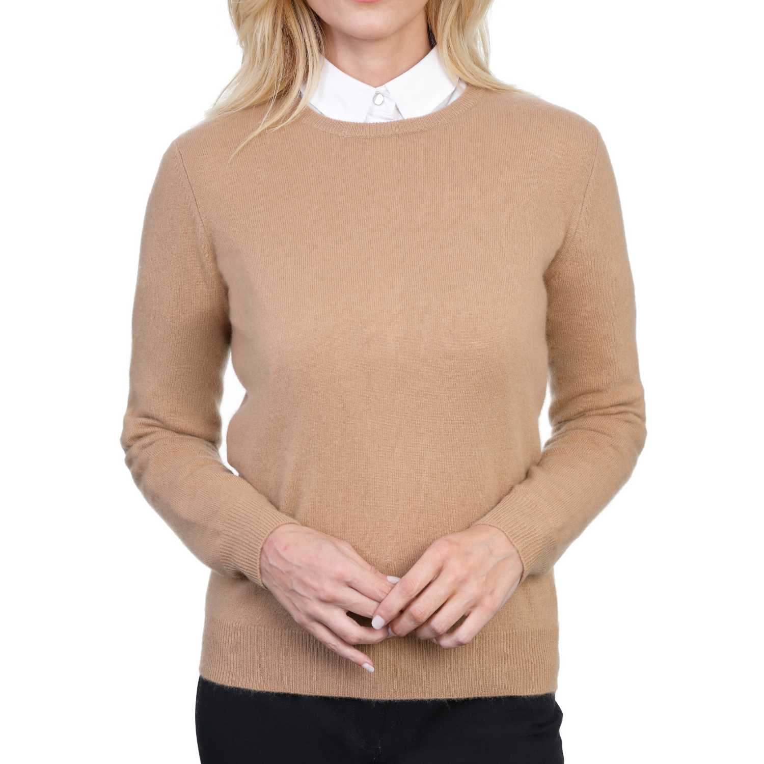 Ladies Camel Beige Cashmere Round Neck Jumper | Front | Shop at The Cashmere Choice | London