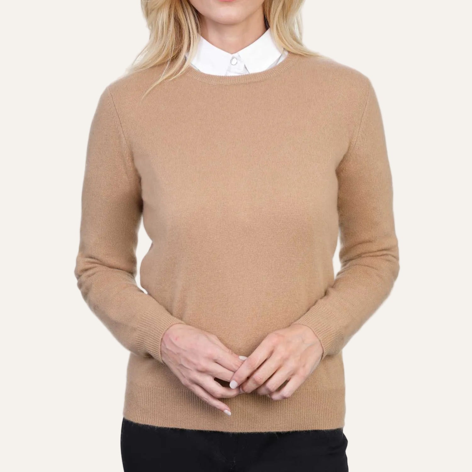 Ladies Camel Beige Cashmere Round Neck Jumper | Front | Shop at The Cashmere Choice | London