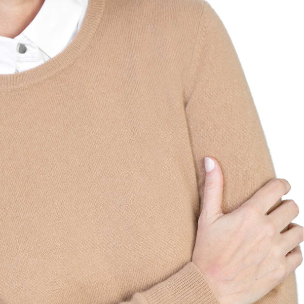 Ladies Camel Beige Cashmere Round Neck Jumper | Close up | Shop at The Cashmere Choice | London