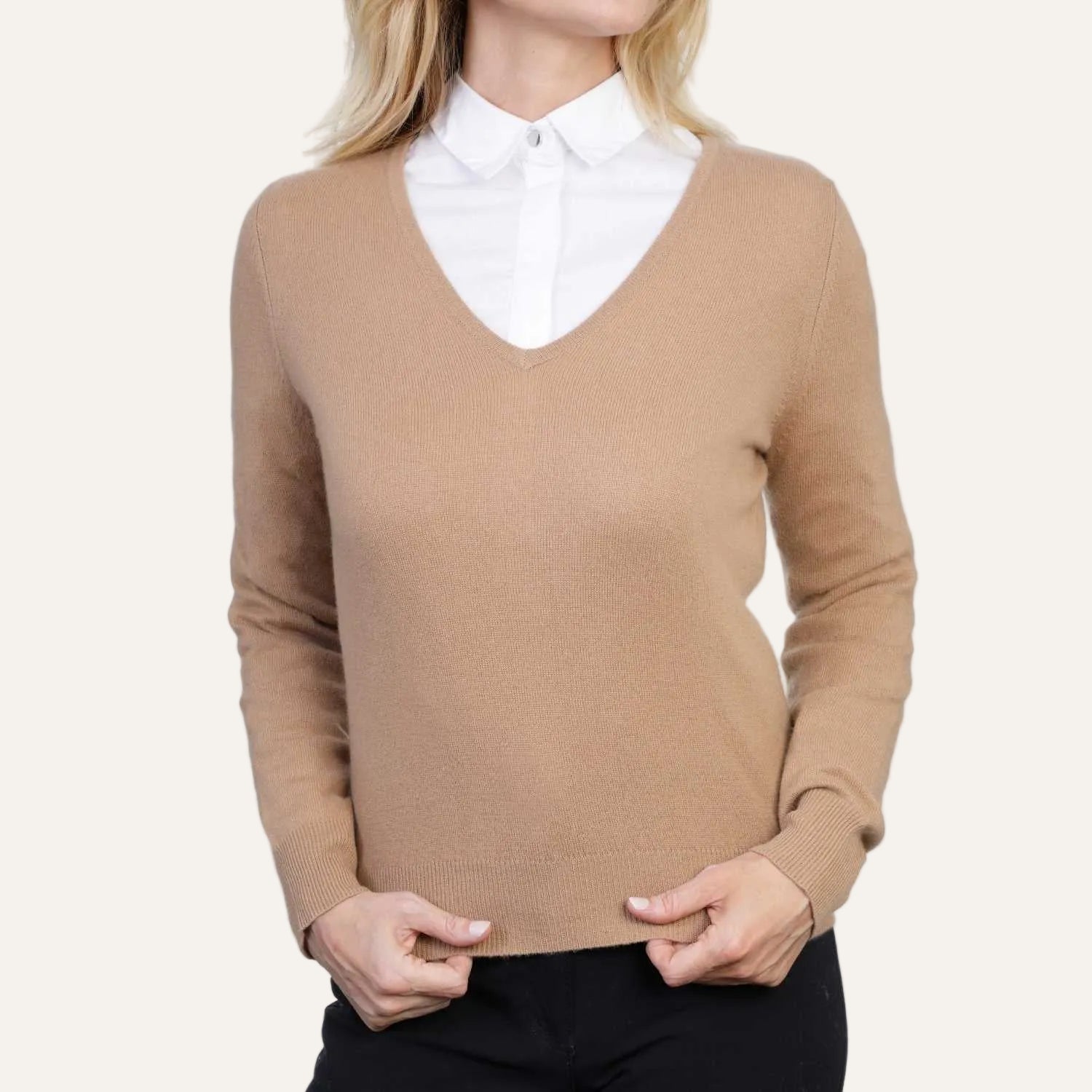 Ladies Cashmere V Neck Sweater | Camel | Front