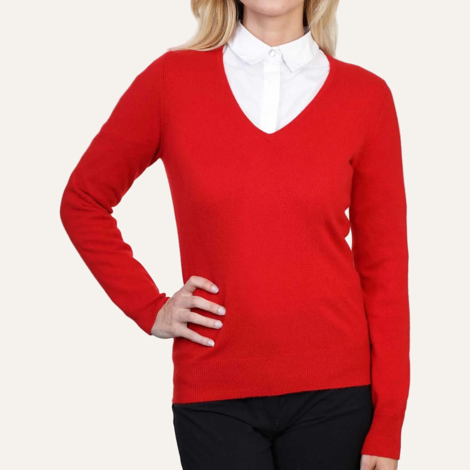 Ladies Red Cashmere V Neck Sweater | Front | Shop at The Cashmere Choice | London