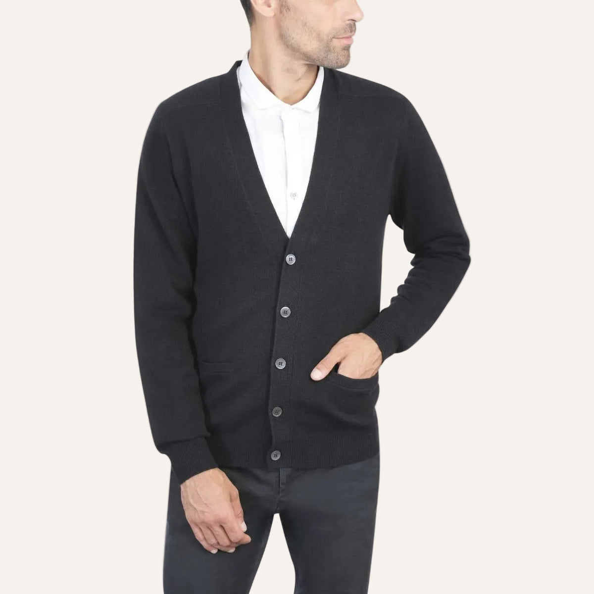 Black Cashmere Cardigan Mens Front