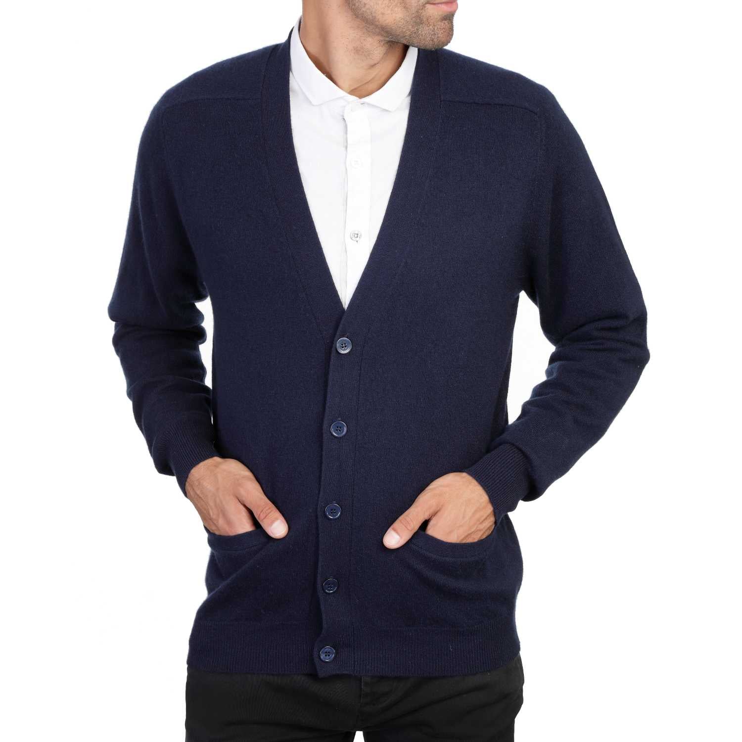 Cashmere Cardigan Mens in  Navy Blue | Front