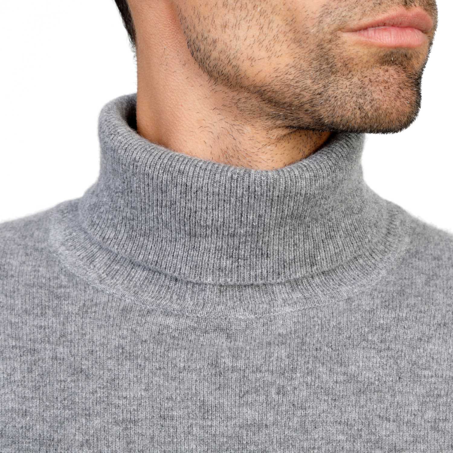 Mens Cashmere Roll Neck in Grey - Close Up
